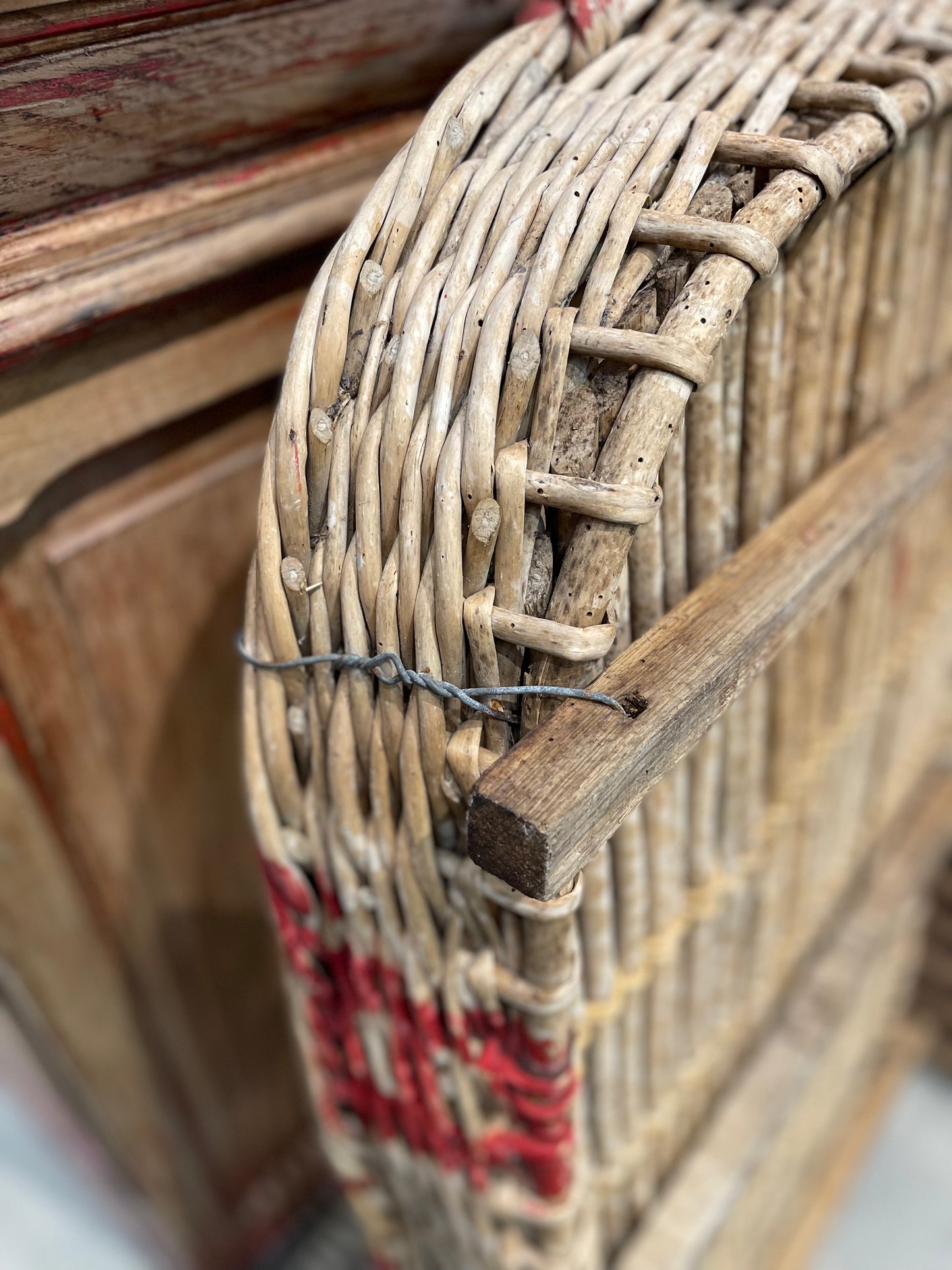 Grape Sorting Basket with Red Writing and Red Handles