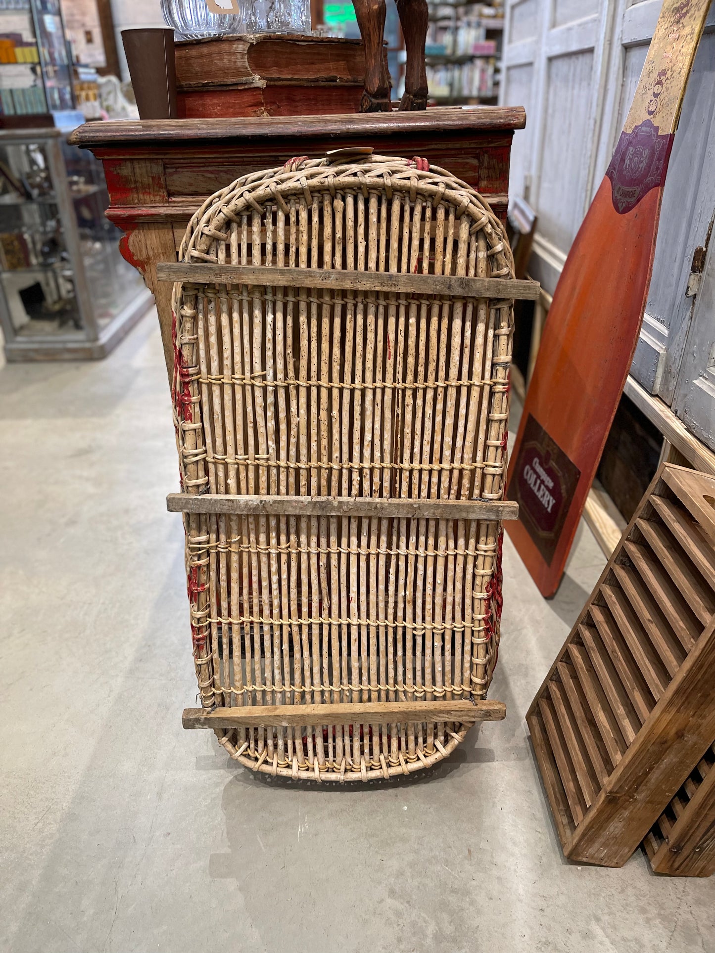 Grape Sorting Basket with Red Writing and Red Handles