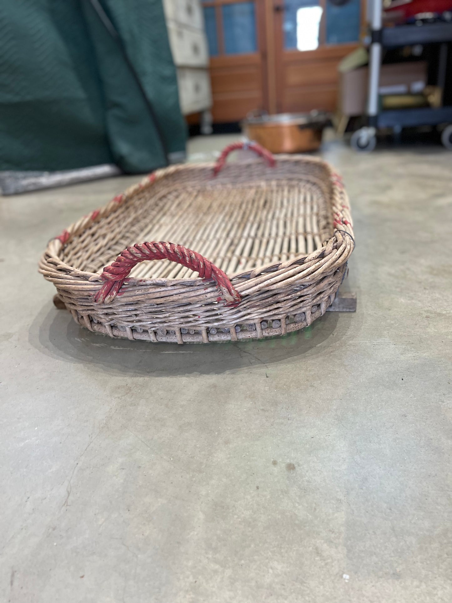 Grape Sorting Basket with Red Writing and Red Handles