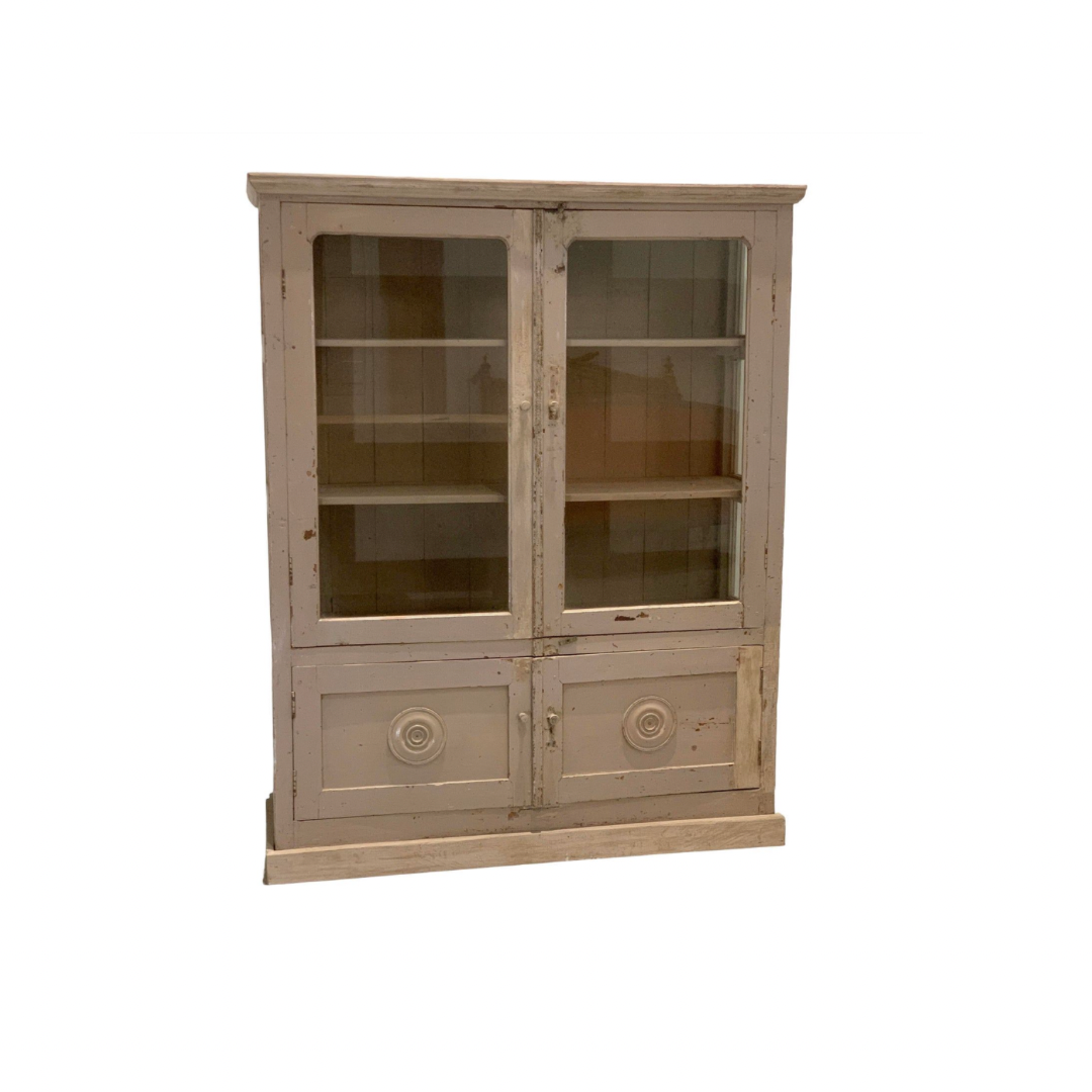 Vintage French Beige Display Case With 2 Glass Doors
