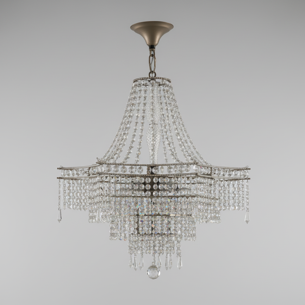 Crystal chandelier hanging in a room with brick walls