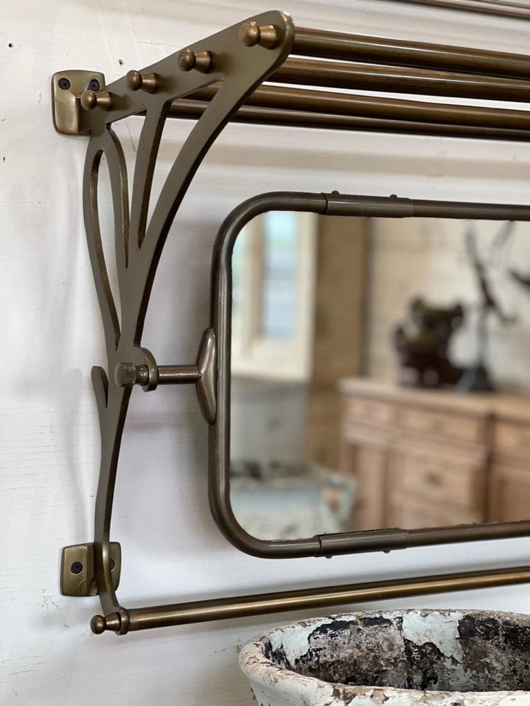 Metal Replica Train Shelf Rack with Mirror and Hooks - The White Barn Antiques