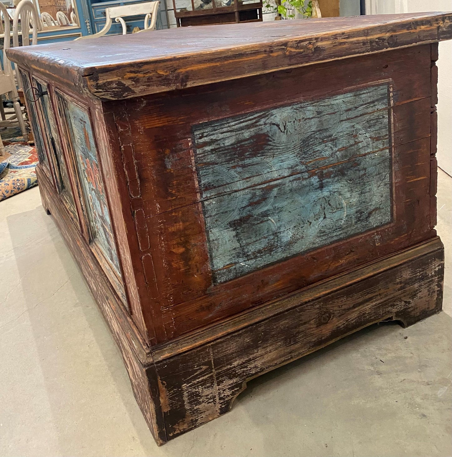 Austrian Hand Painted Wood Coffer Trunk Chest Mid 19th Century - The White Barn Antiques