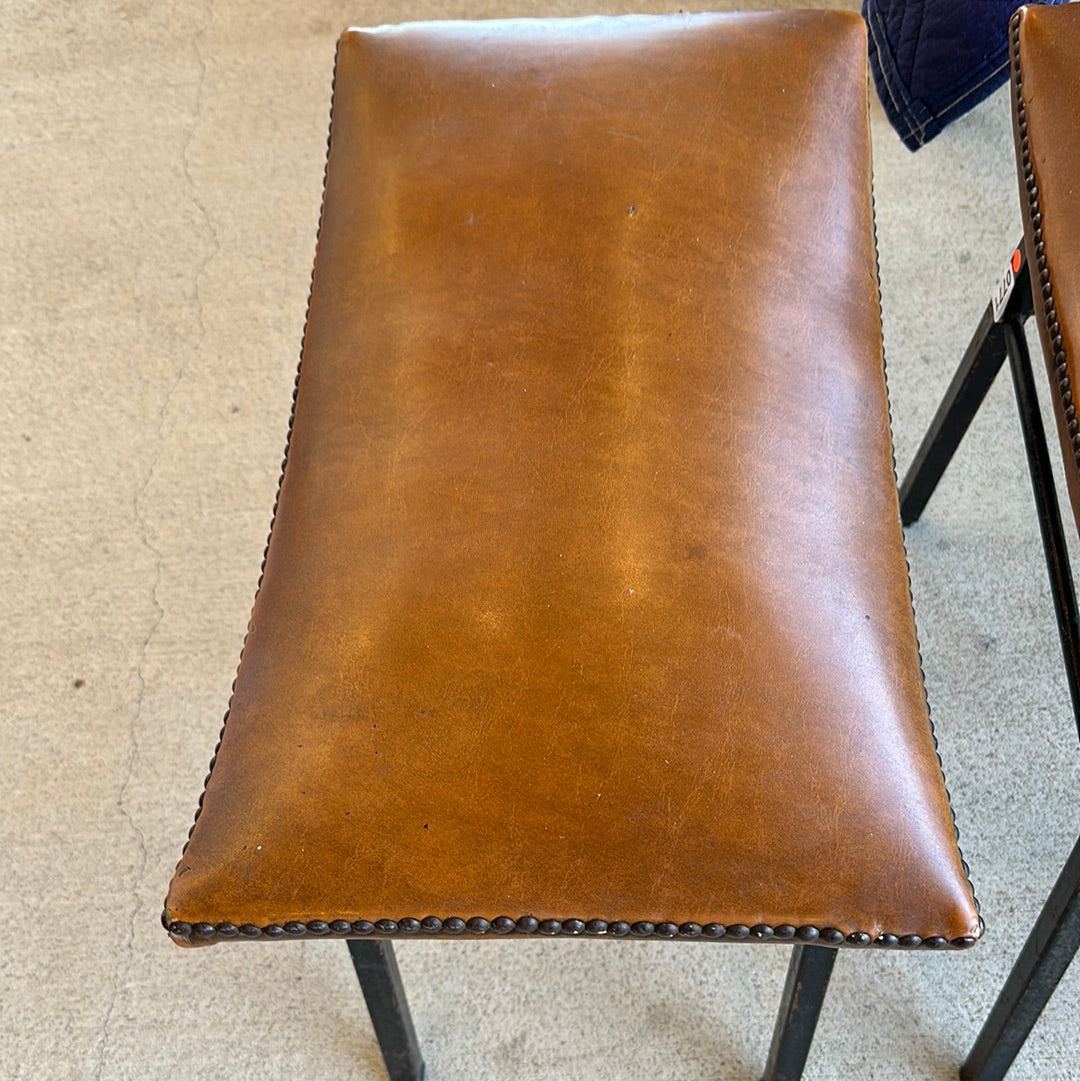 Metal Framed Leather Topped Stool - The White Barn Antiques