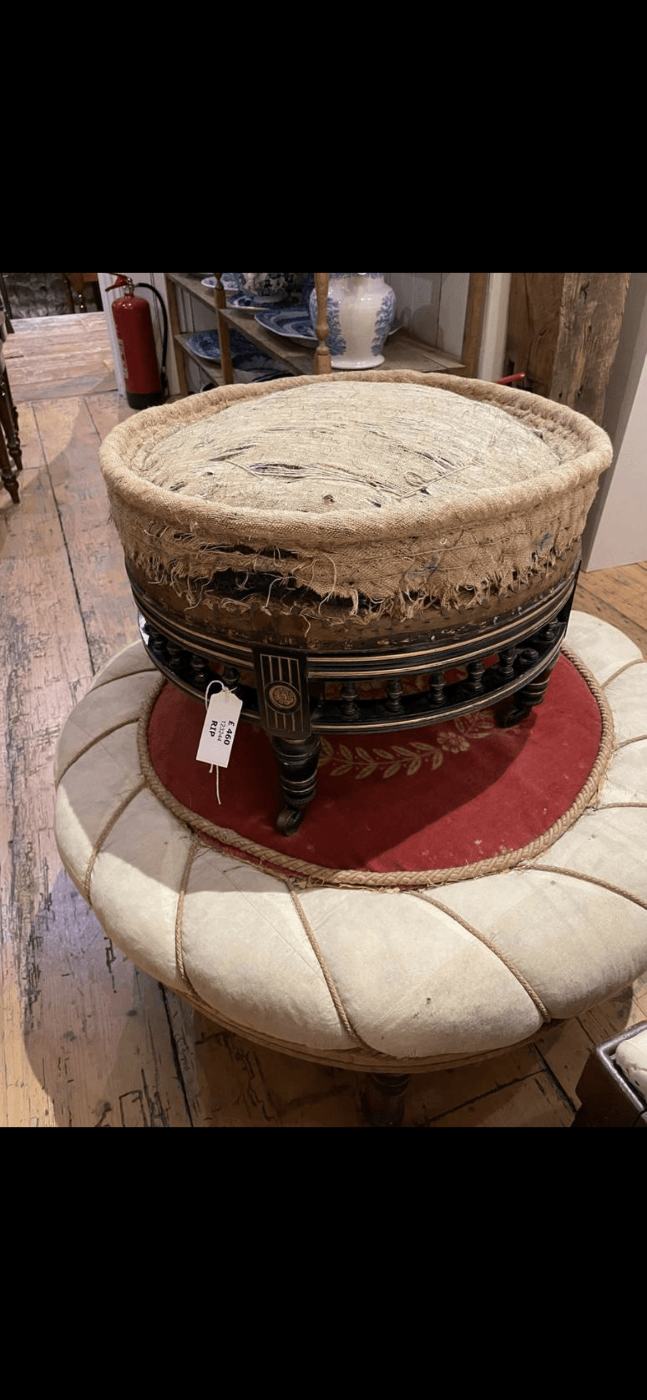 Large Circular Ebonised and Upholstered Centre Stool or Ottoman - The White Barn Antiques