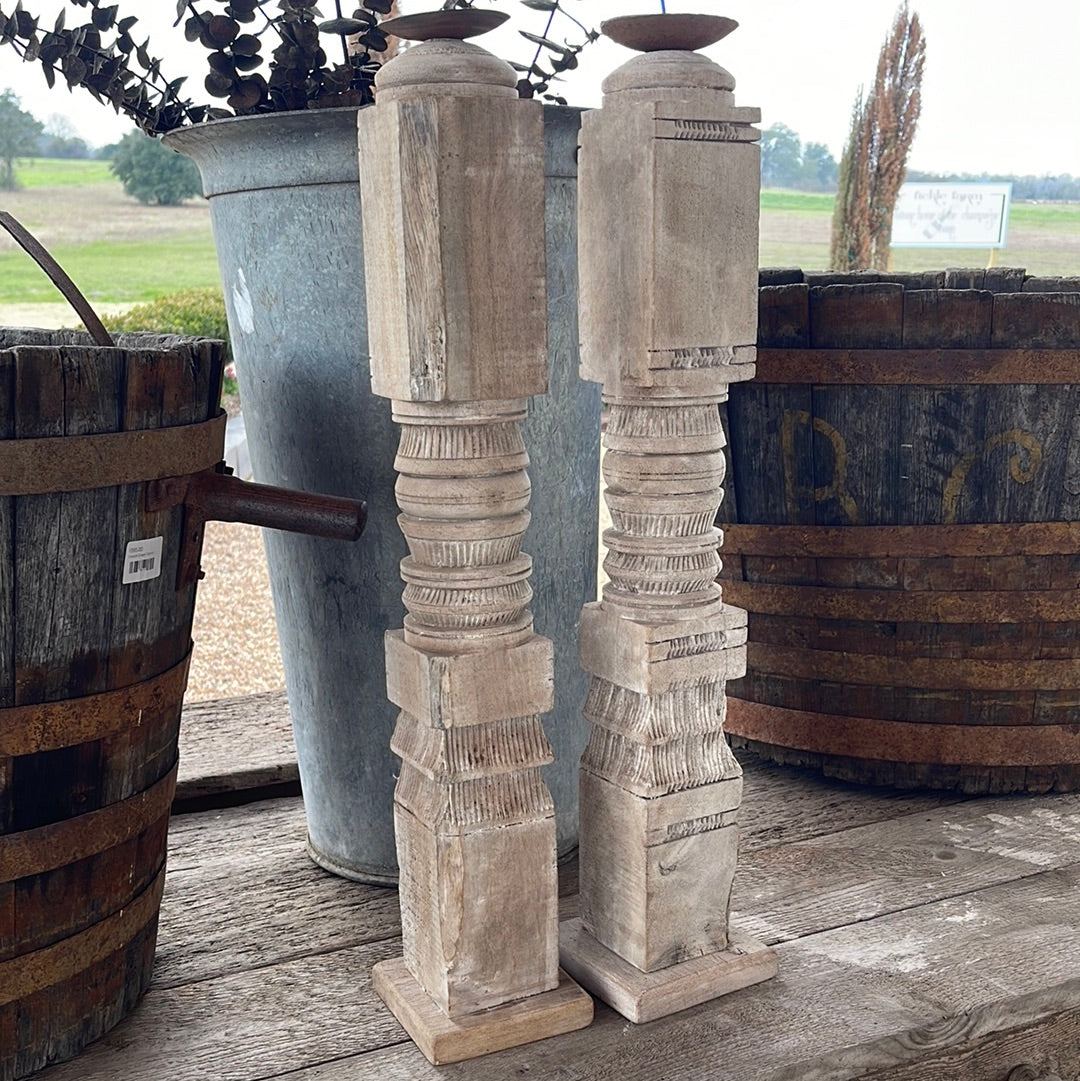 Pair Bleached Wood Carved Candle Stick - 2' Tall - The White Barn Antiques