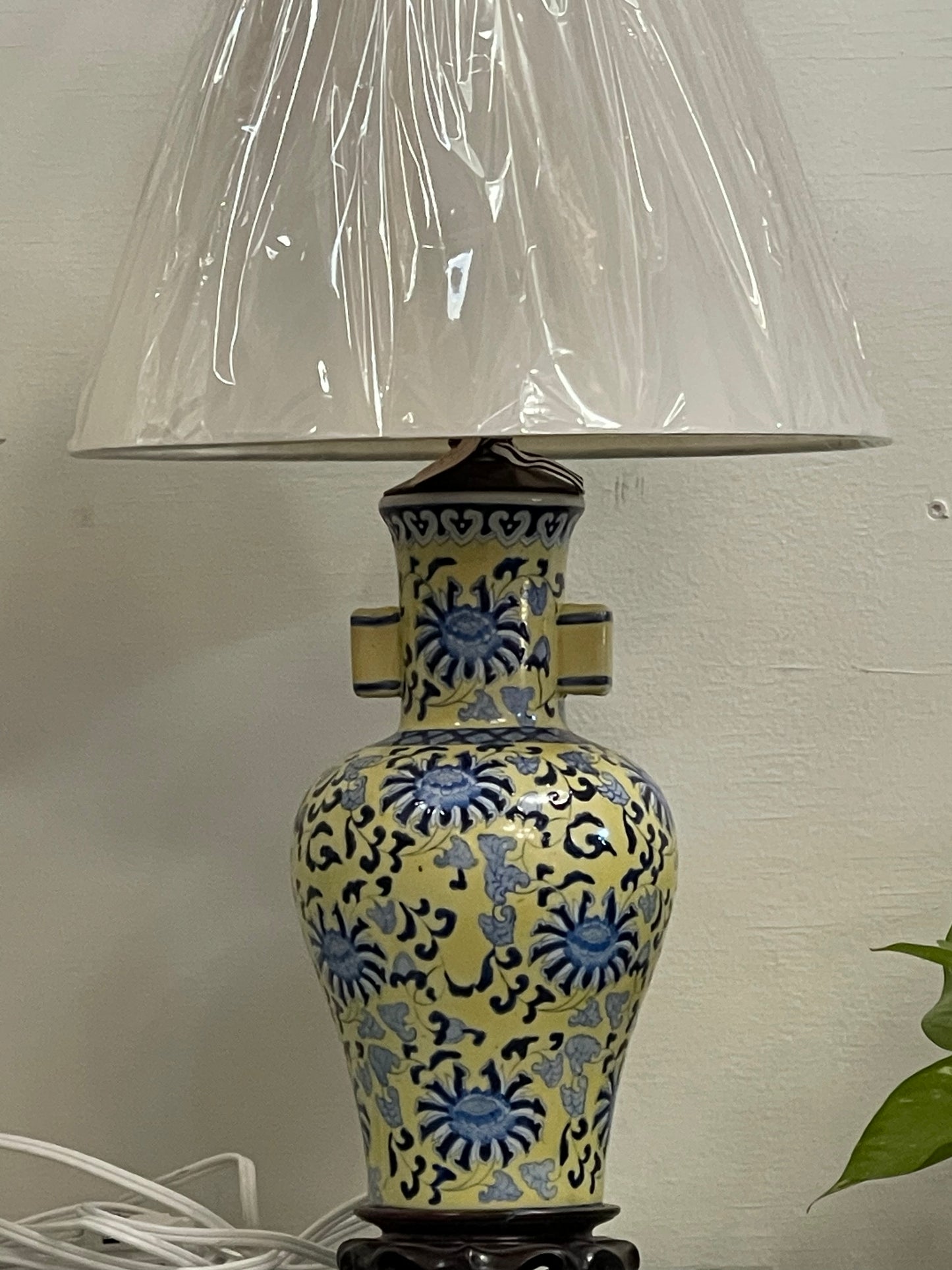 Blue and Yellow Chnoiserie Lamps with New Shades - The White Barn Antiques