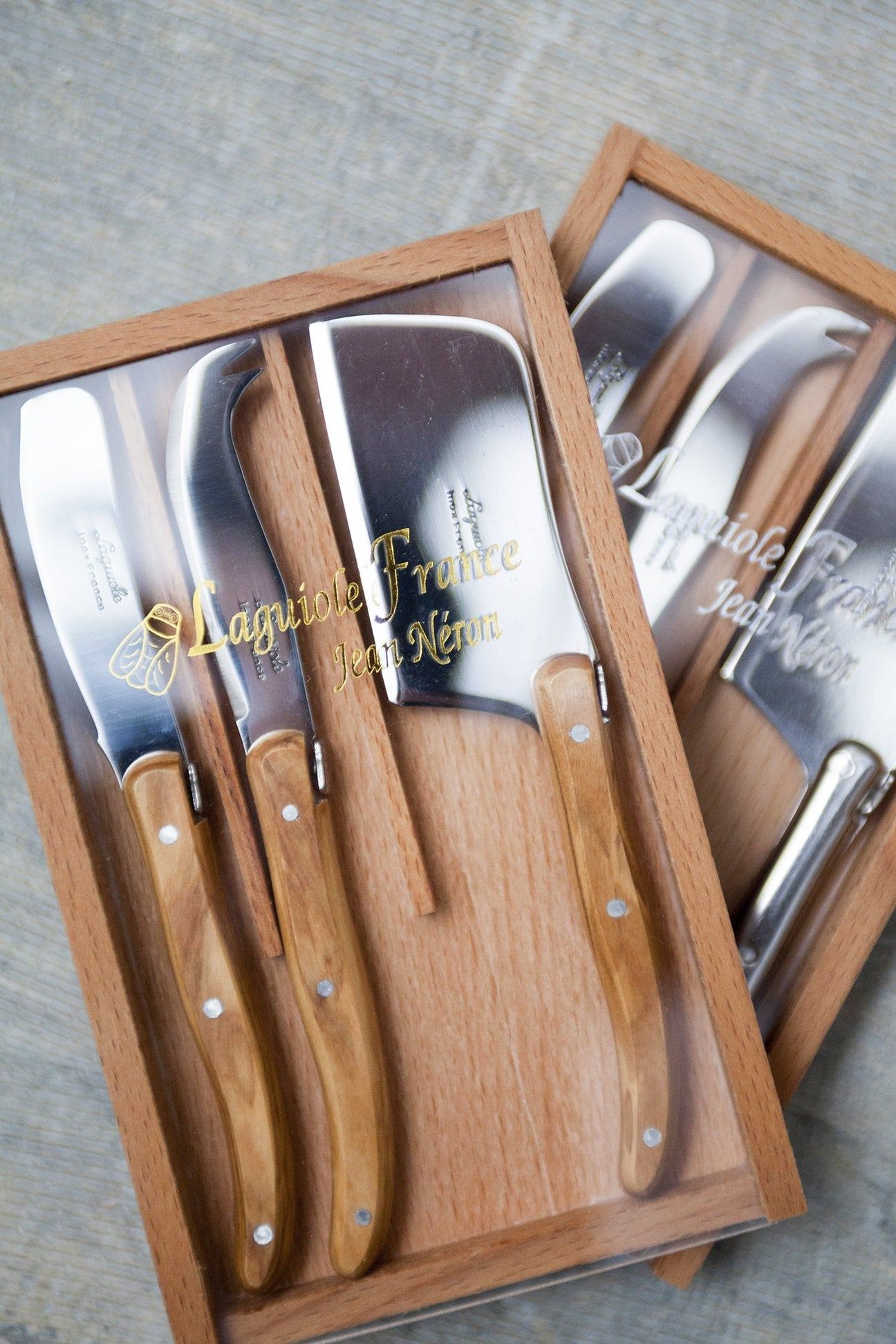 Laguiole Set of 3 Olivewood Cheese Utensils in Wood Box and Acrylic Lid - The White Barn Antiques