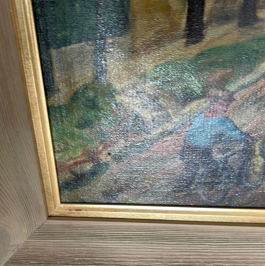 English Early 1900's Oil on Canvas Park Man on Bicycle - The White Barn Antiques