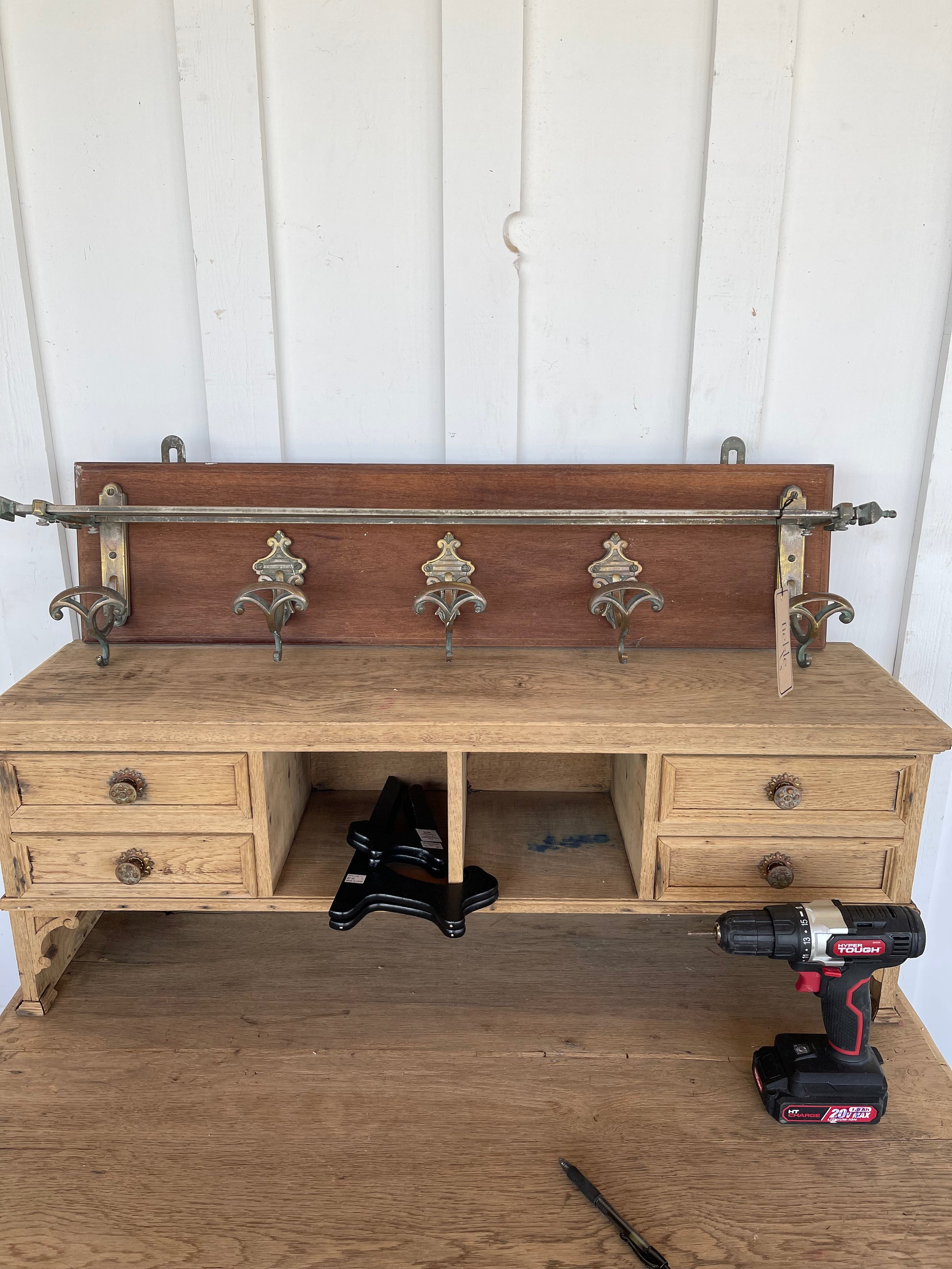 Wood and Brass Coat Rack 1900 - The White Barn Antiques