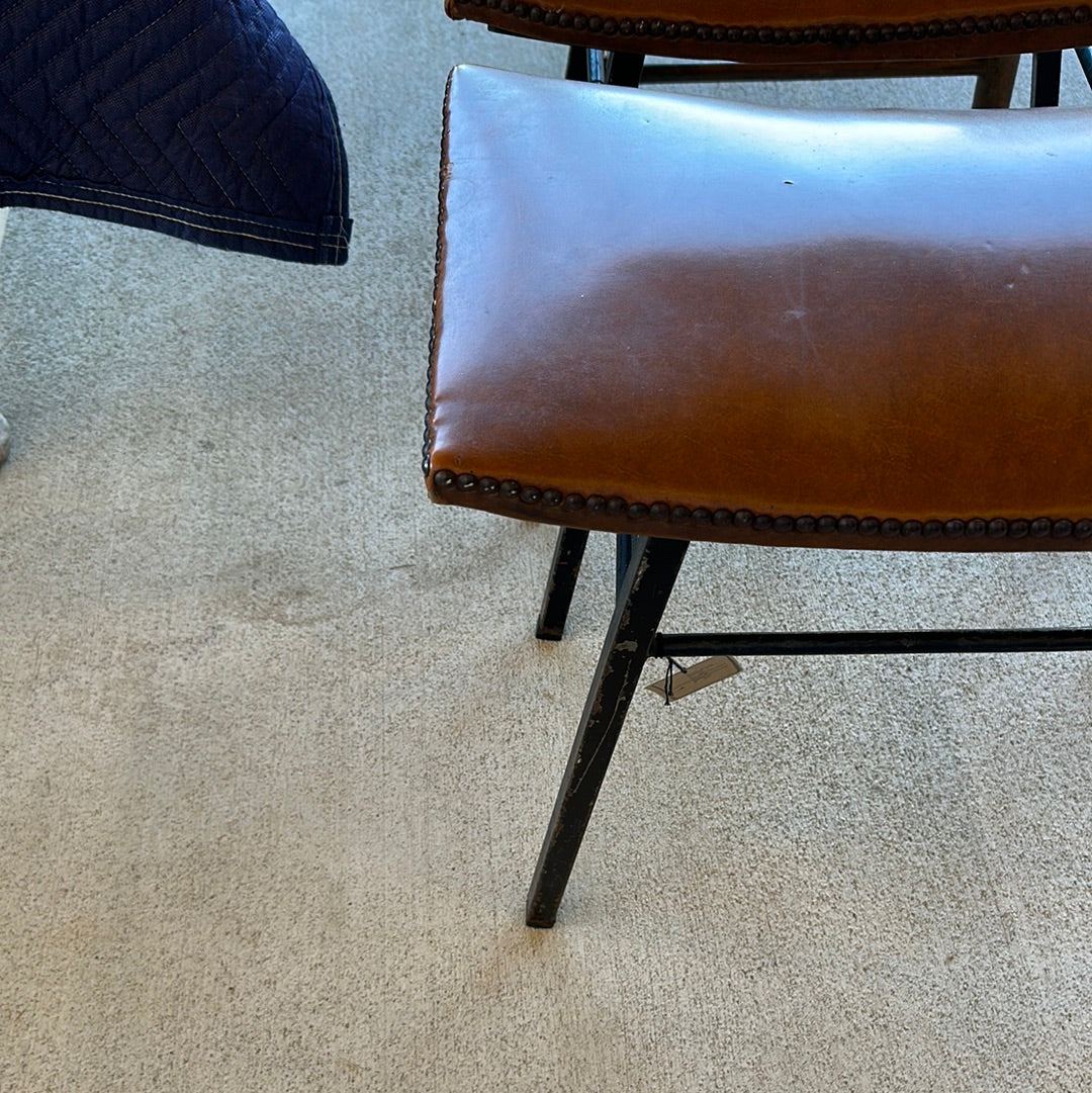 Metal Framed Leather Topped Stool - The White Barn Antiques