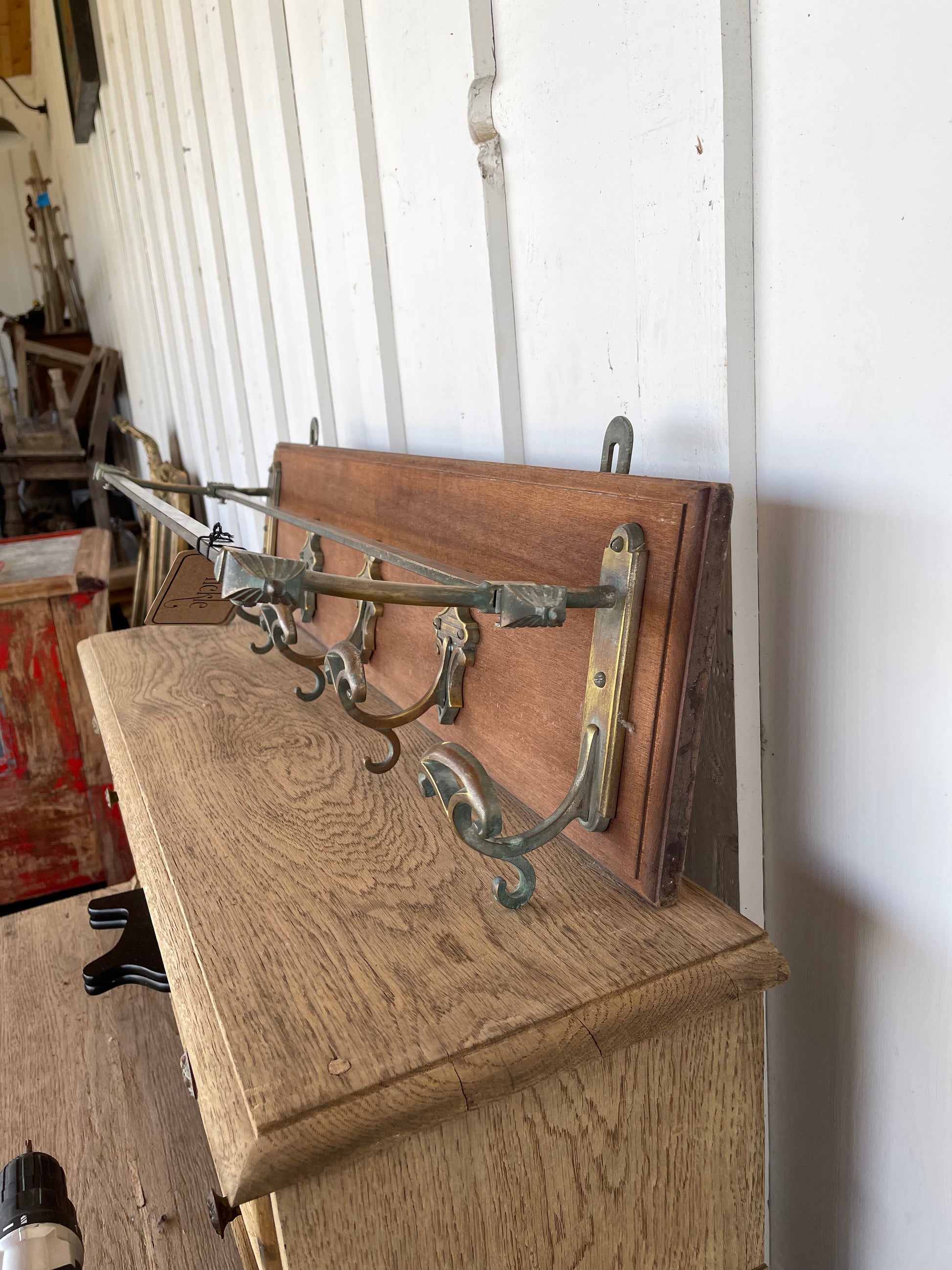 Wood and Brass Coat Rack 1900 - The White Barn Antiques