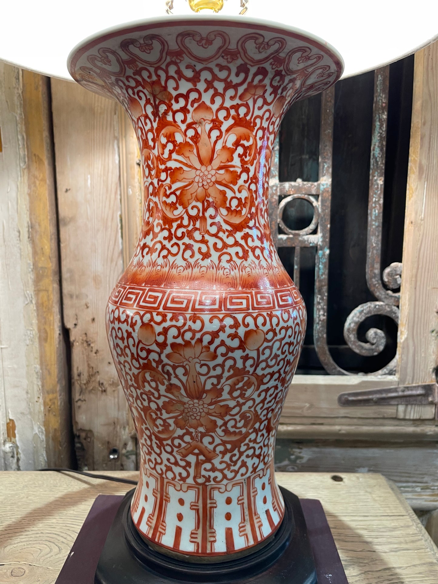 Chinese orange and white porcelain yen yen vase lamp - The White Barn Antiques