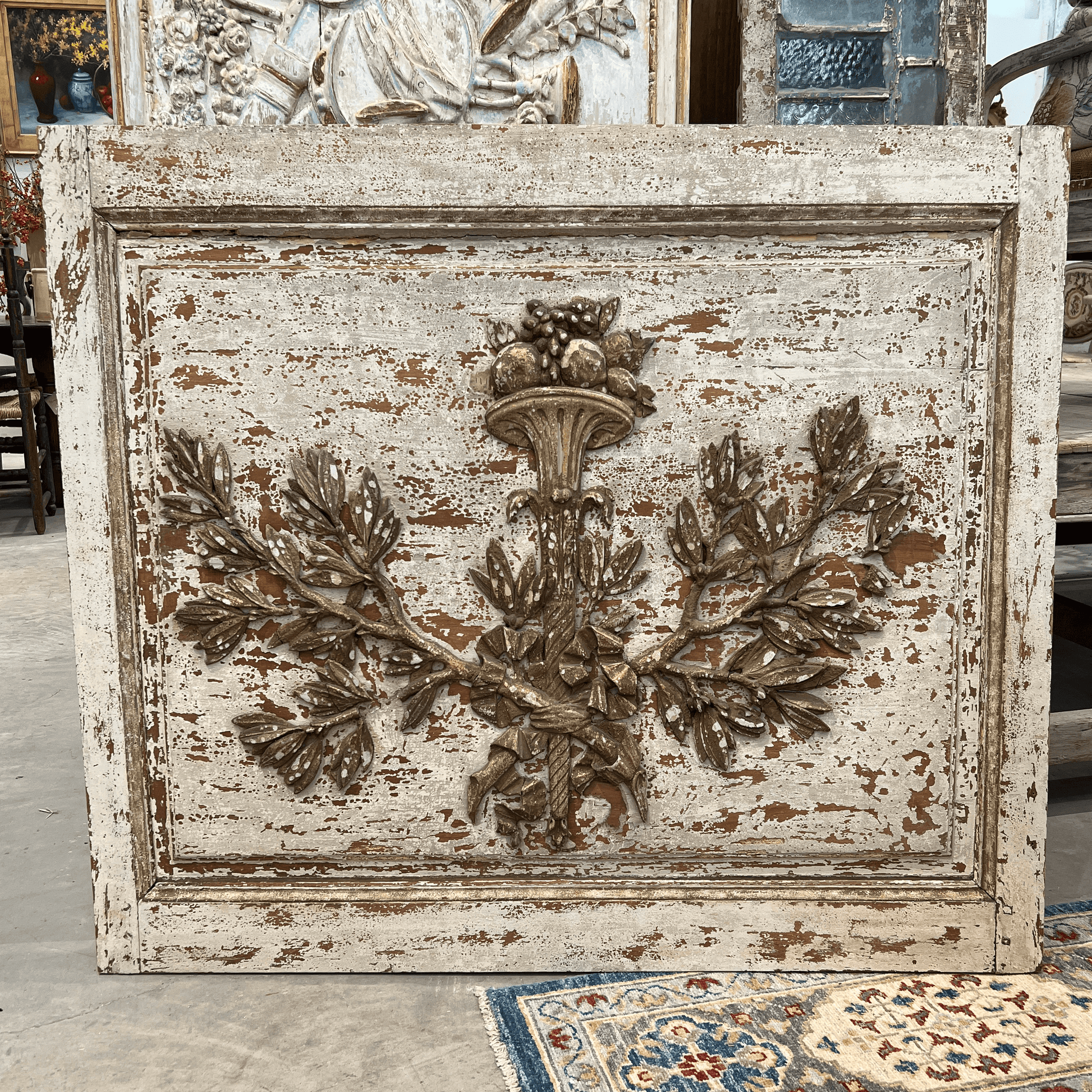Architectural Salvage Wall Panel with Gilt Gold Basket - The White Barn Antiques