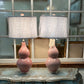 Dusty Rose Pink Double Gourd Lamps with White Shades on Acrylic Bases - The White Barn Antiques