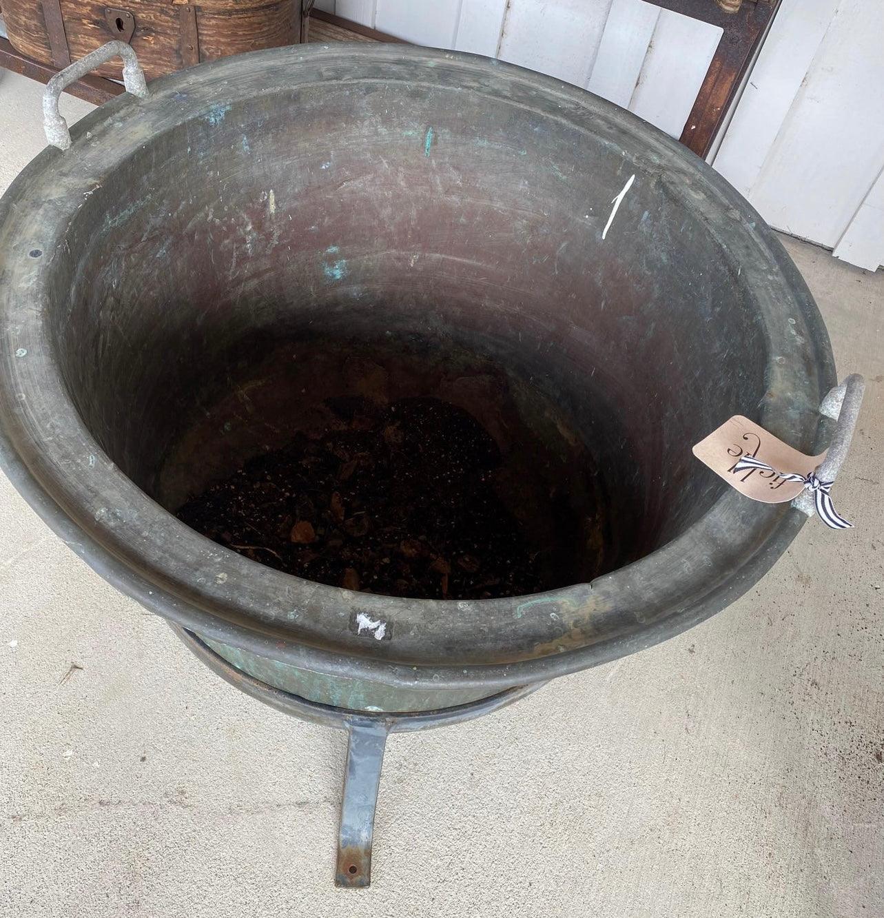 Late 19th Century Copper Cauldron Pot Planter With Stand - Large - The White Barn Antiques