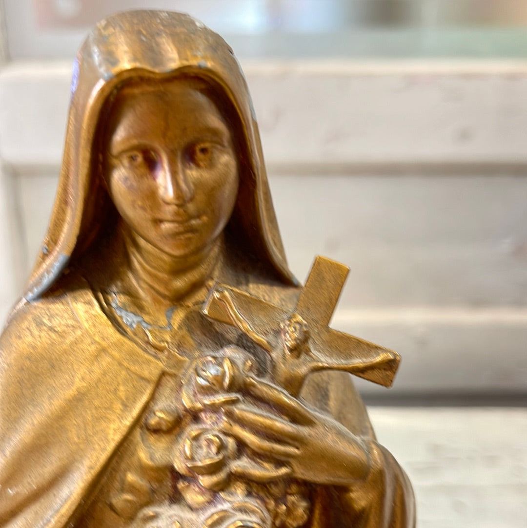 Gold Metal Statue of Mary Holding a Cross - The White Barn Antiques