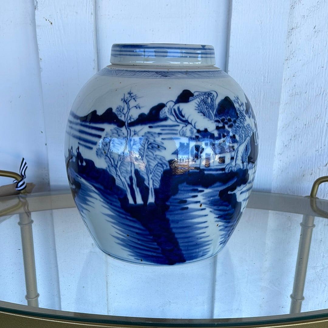 1950s Blue and White Chinese Vase With a Lid - The White Barn Antiques