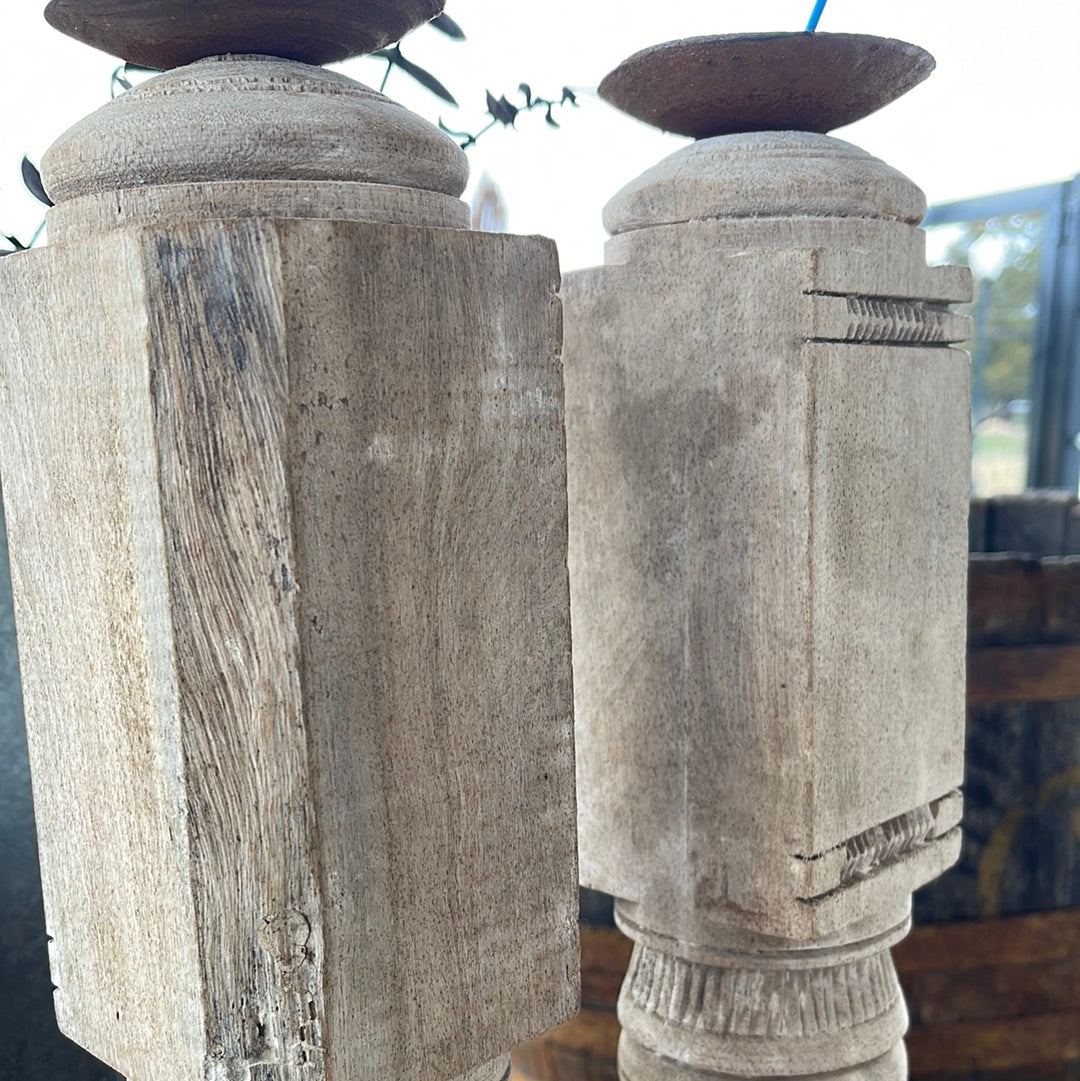 Pair Bleached Wood Carved Candle Stick - 2' Tall - The White Barn Antiques