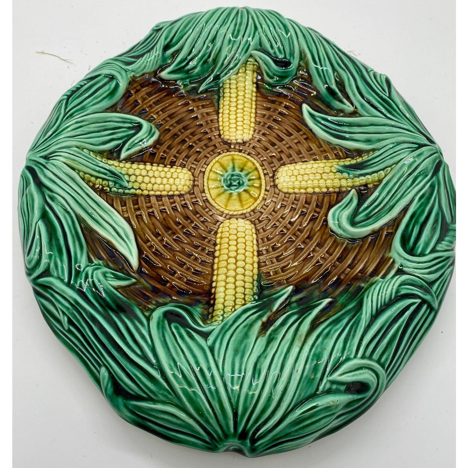 Antique English Majolica Bread Plate/Platter In A Corn Pattern - Circa 19th Century. - The White Barn Antiques