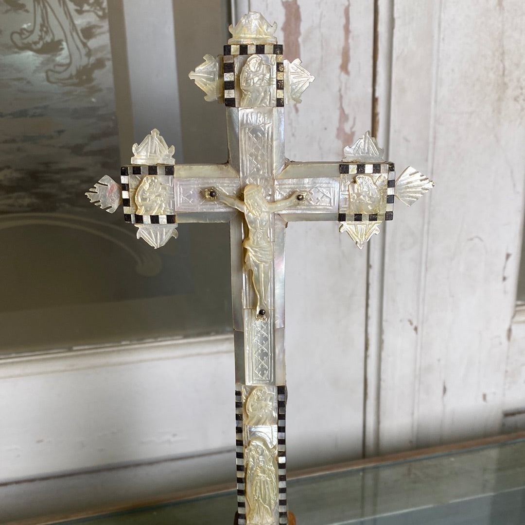 Carved Crucifix with Mother of Pearl - The White Barn Antiques