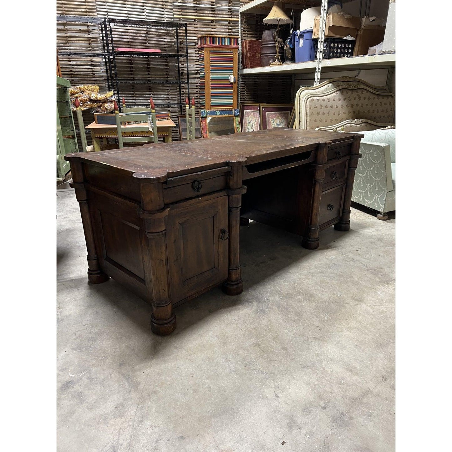 Mid 20th Century Wooden Desk with Desk Leathering - The White Barn Antiques