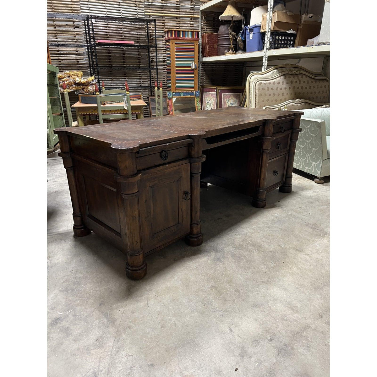 Mid 20th Century Wooden Desk with Desk Leathering - The White Barn Antiques