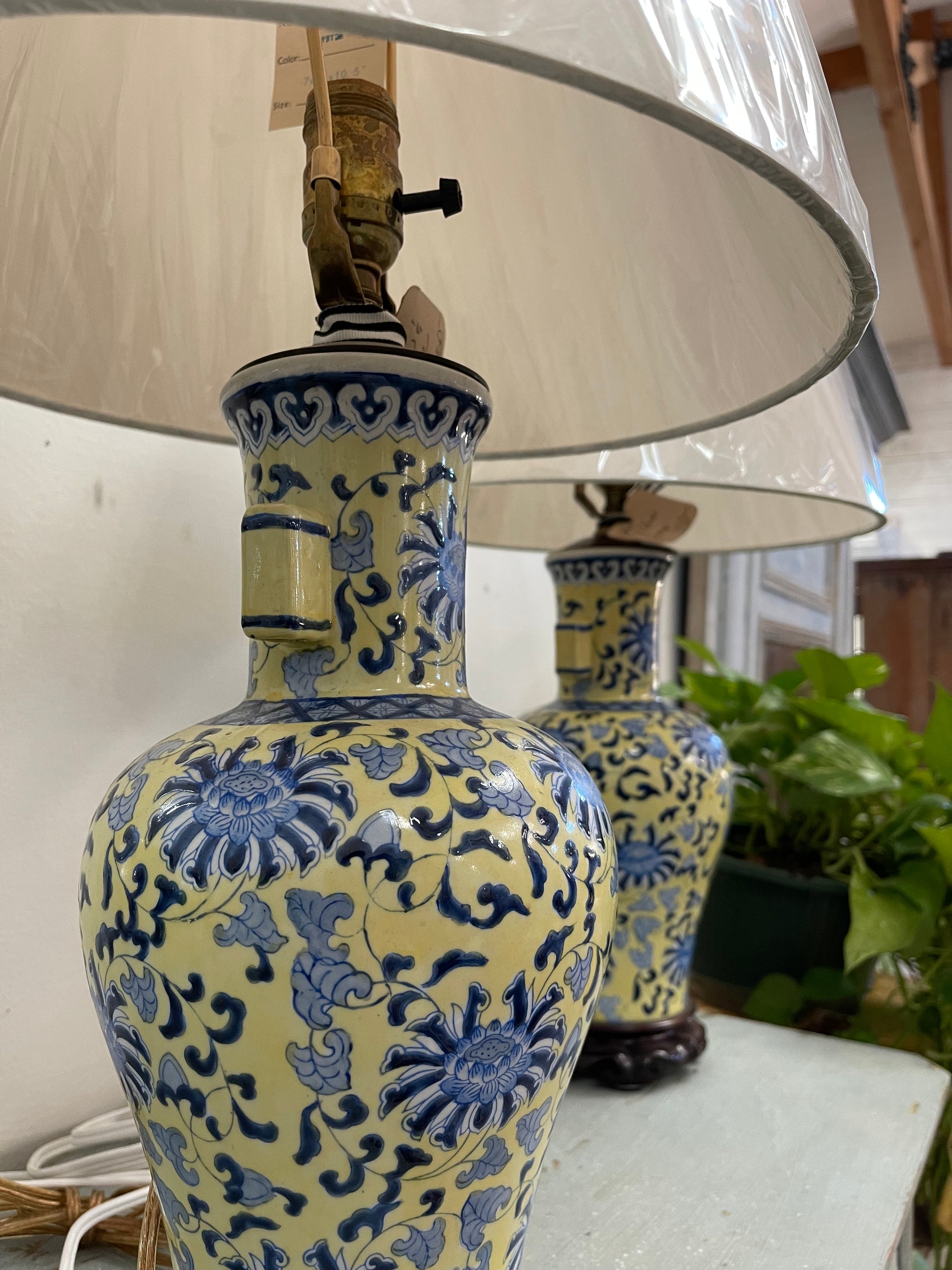 Blue and Yellow Chnoiserie Lamps with New Shades - The White Barn Antiques