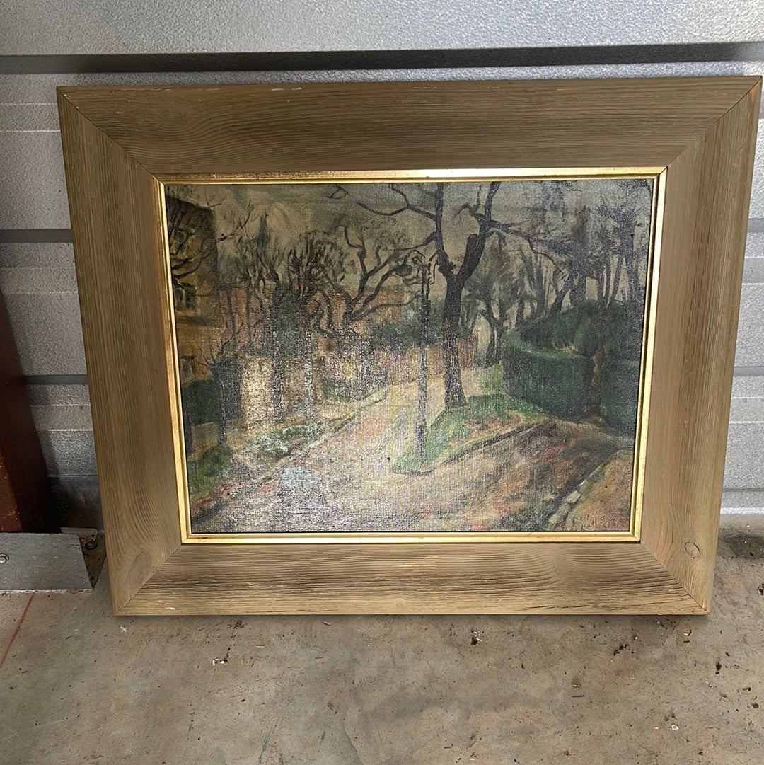 English Early 1900's Oil on Canvas Park Man on Bicycle - The White Barn Antiques