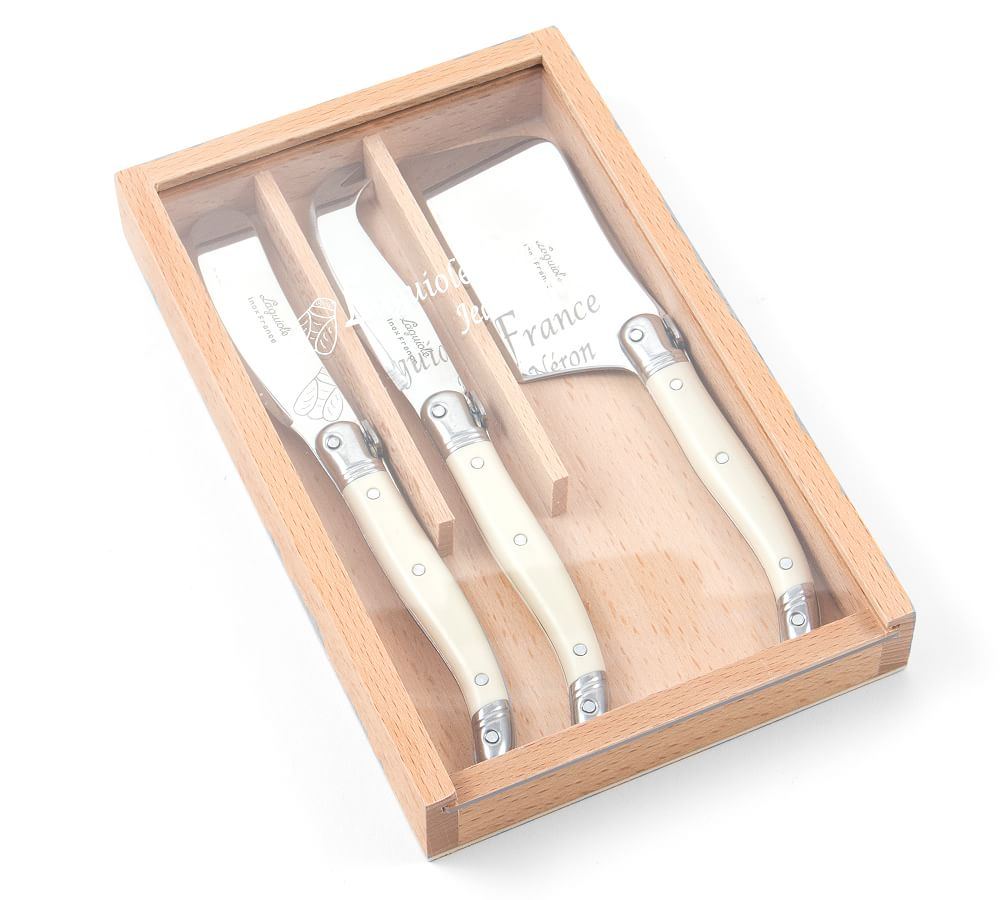 Laguiole Set of 3 Plantine Cheese Utensils Large in Wood Box with Acrylic Lid - The White Barn Antiques