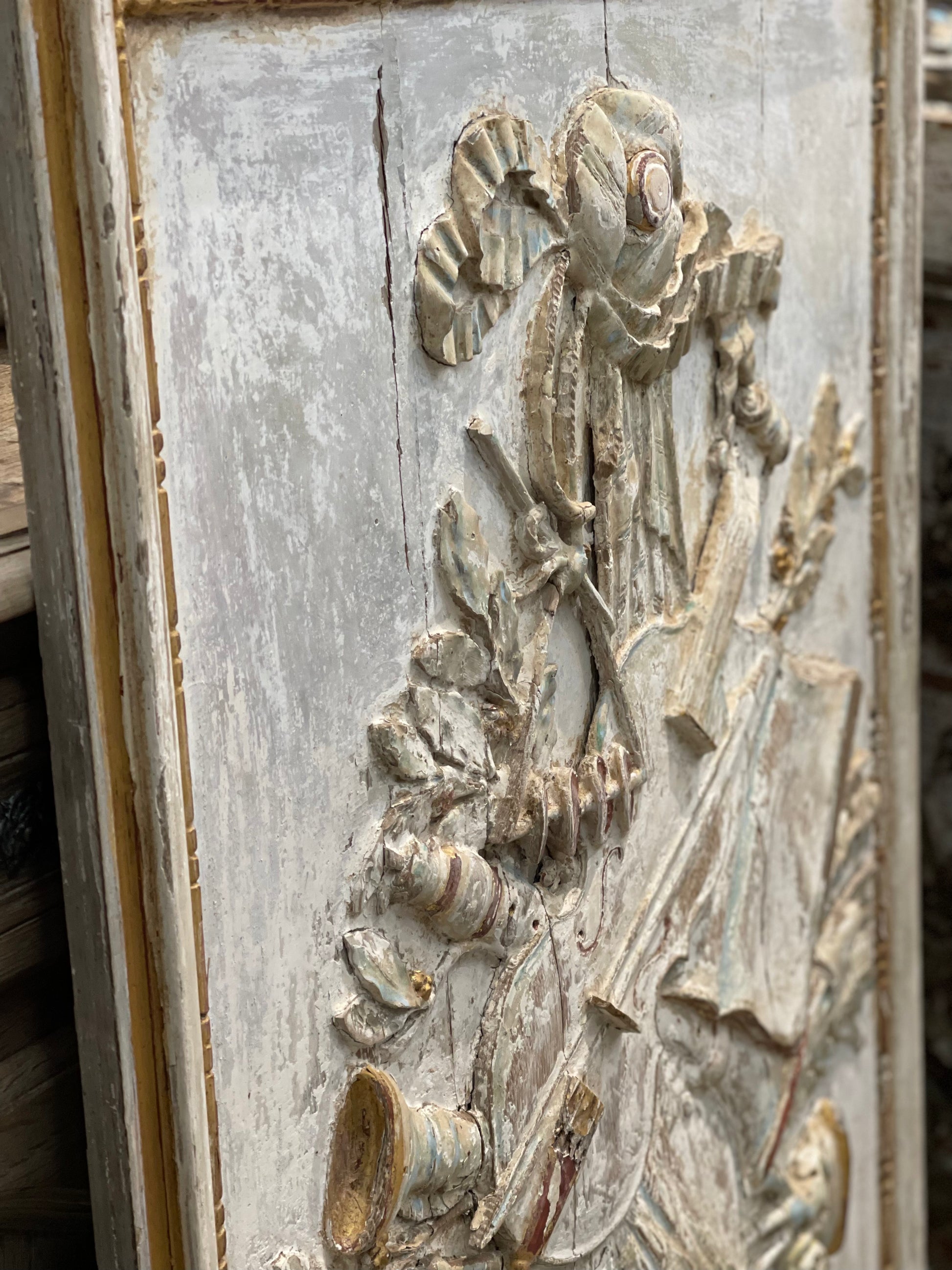 Original Painted Carved Limewood Panel Depicting Musical Instruments - The White Barn Antiques