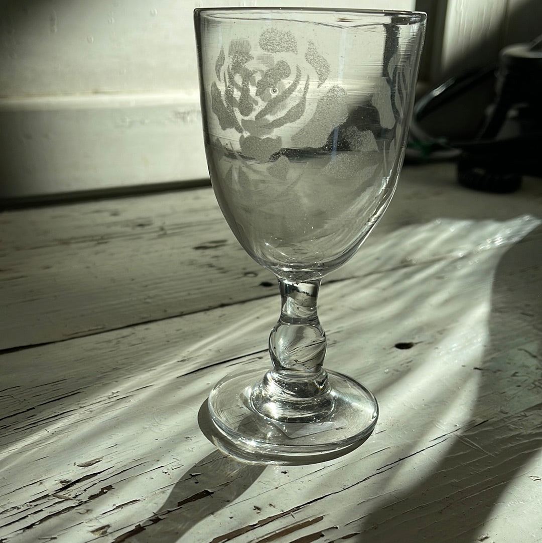 French Souvenir Event Glass with Etched Flowers - The White Barn Antiques