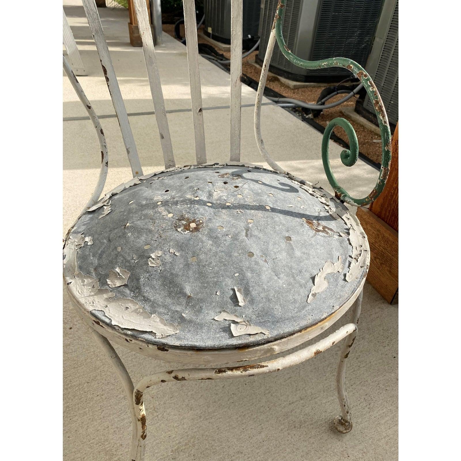 Pair French Bistro Hand Wrought Metal Button Bottom Chairs C. 1880 - The White Barn Antiques