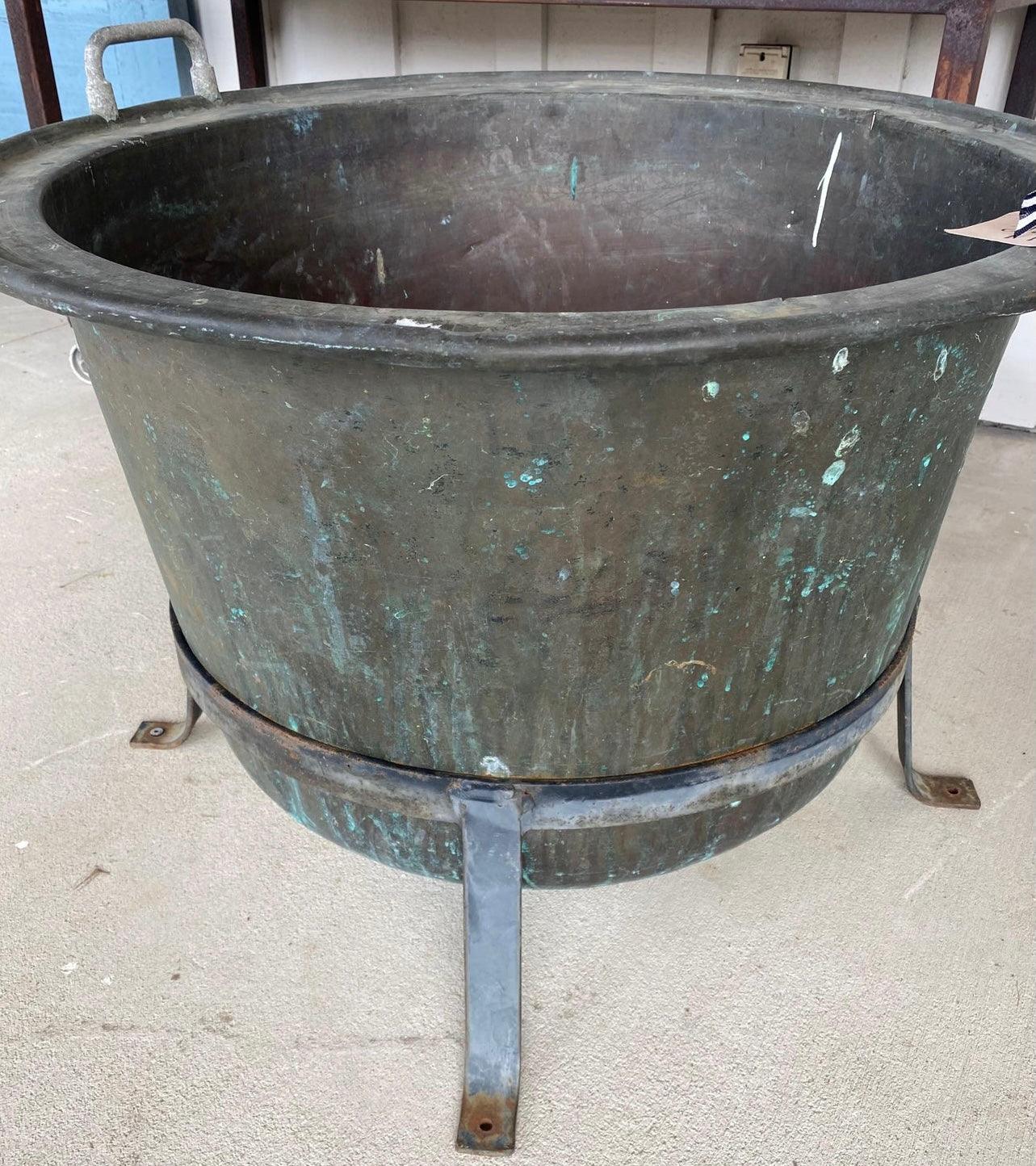 Late 19th Century Copper Cauldron Pot Planter With Stand - Large - The White Barn Antiques