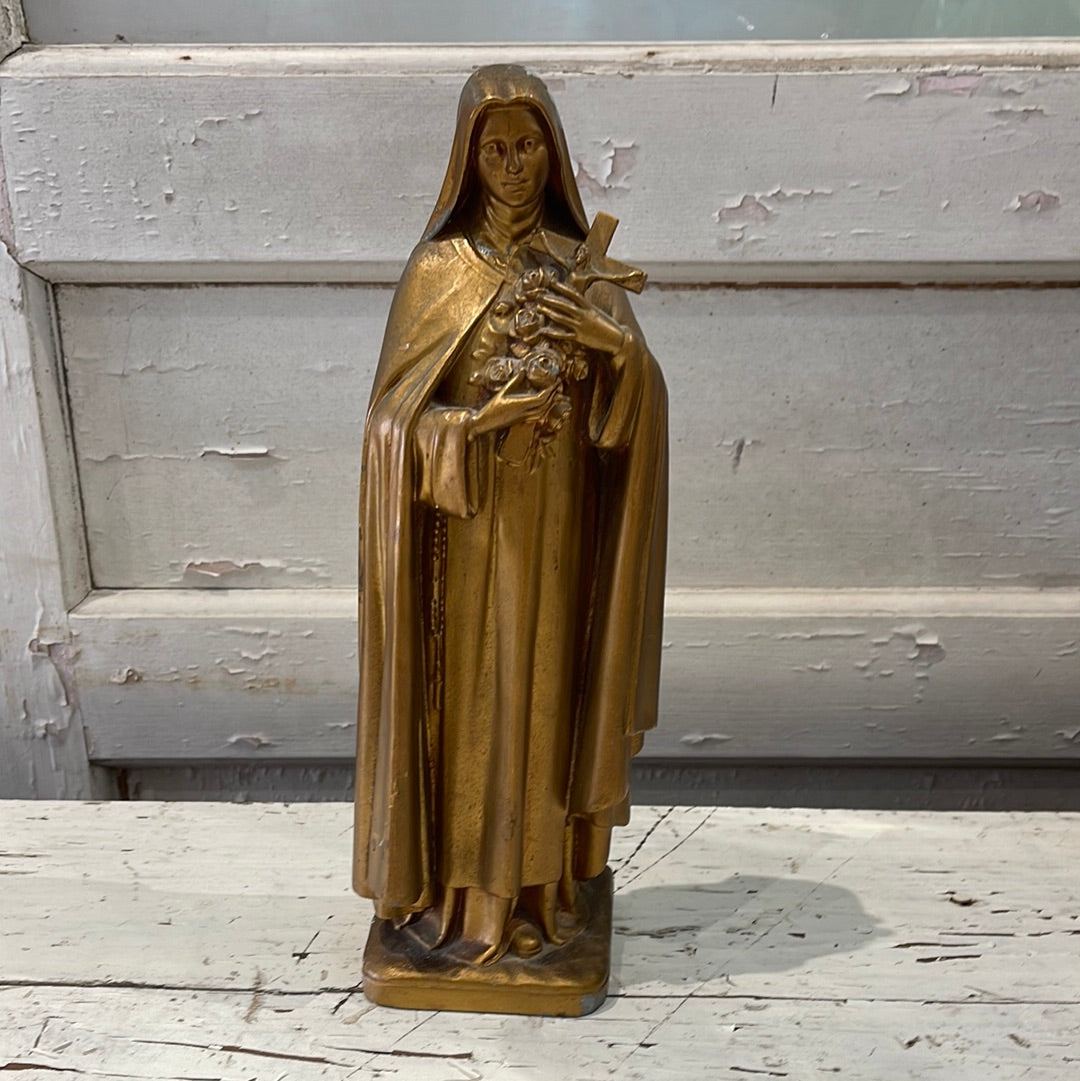 Gold Metal Statue of Mary Holding a Cross - The White Barn Antiques