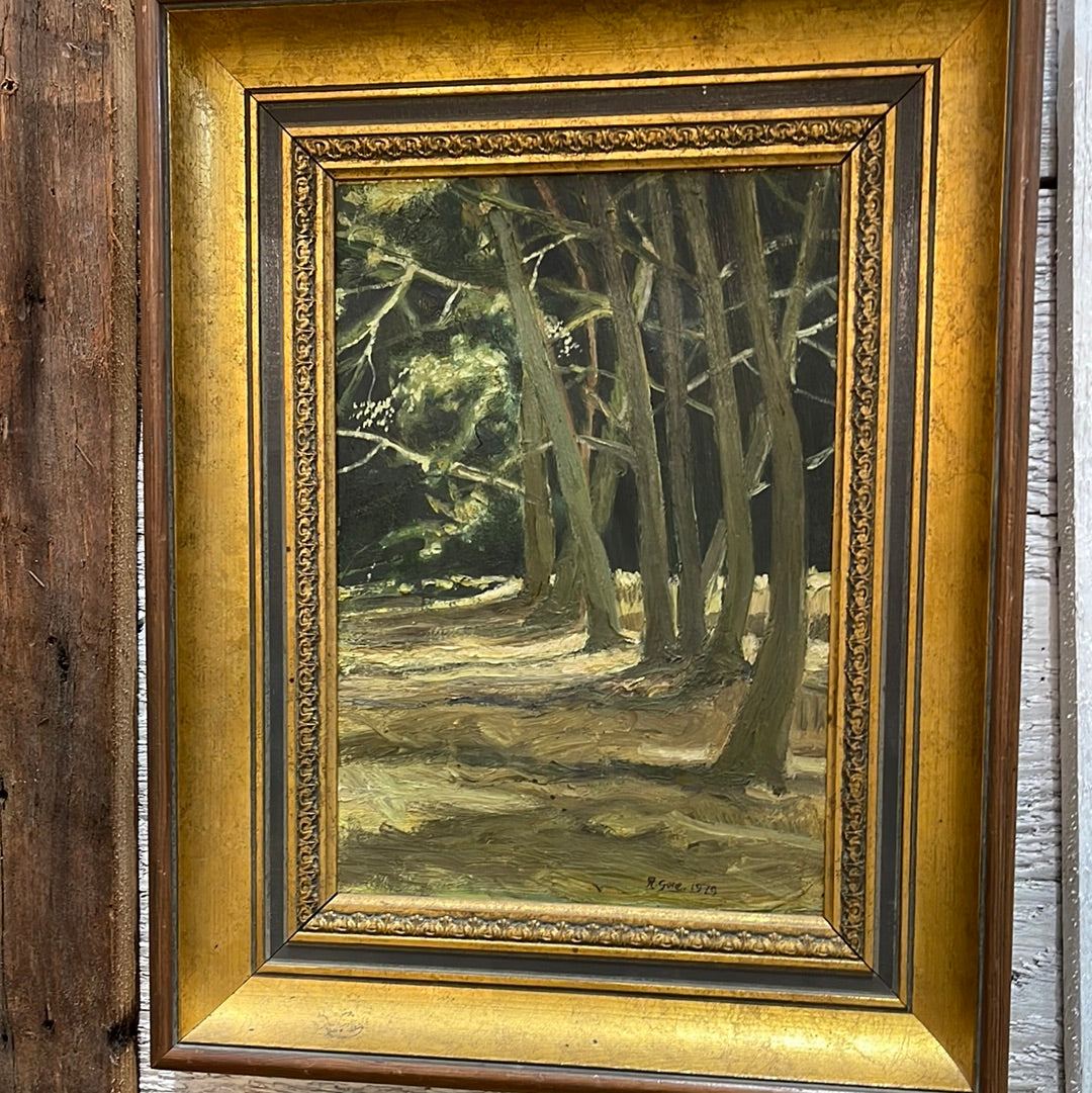 English Oil on Board Bank of Trees By R. Gore - The White Barn Antiques