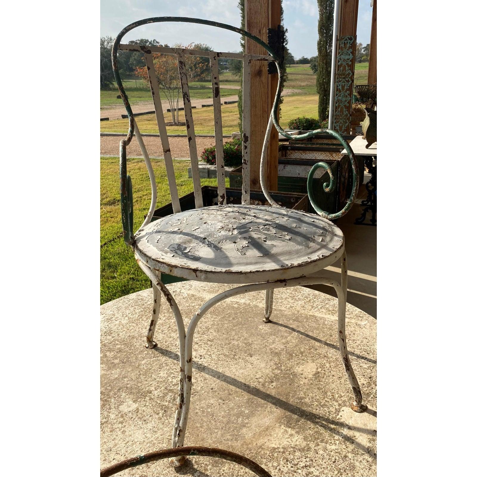 Pair French Bistro Hand Wrought Metal Button Bottom Chairs C. 1880 - The White Barn Antiques