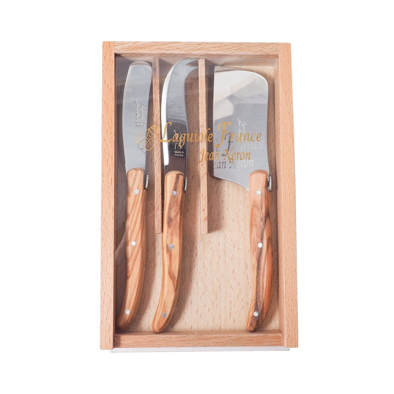 Laguiole Set of 3 Olivewood Cheese Utensils in Wood Box and Acrylic Lid - The White Barn Antiques