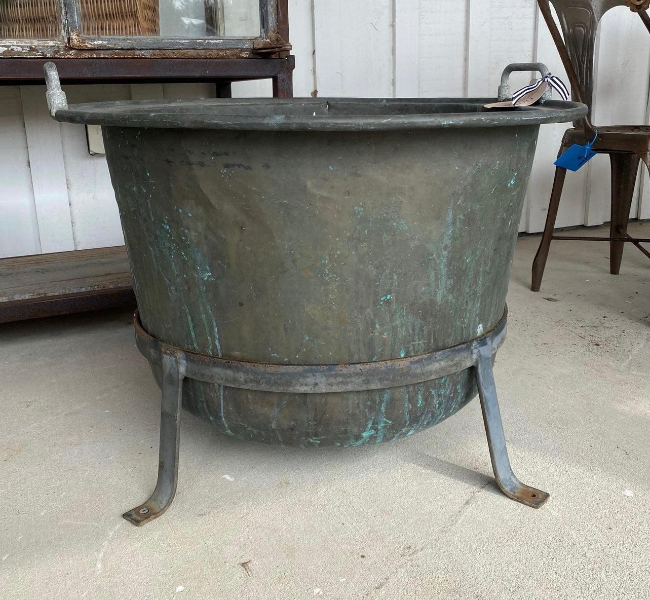 Late 19th Century Copper Cauldron Pot Planter With Stand - Large - The White Barn Antiques