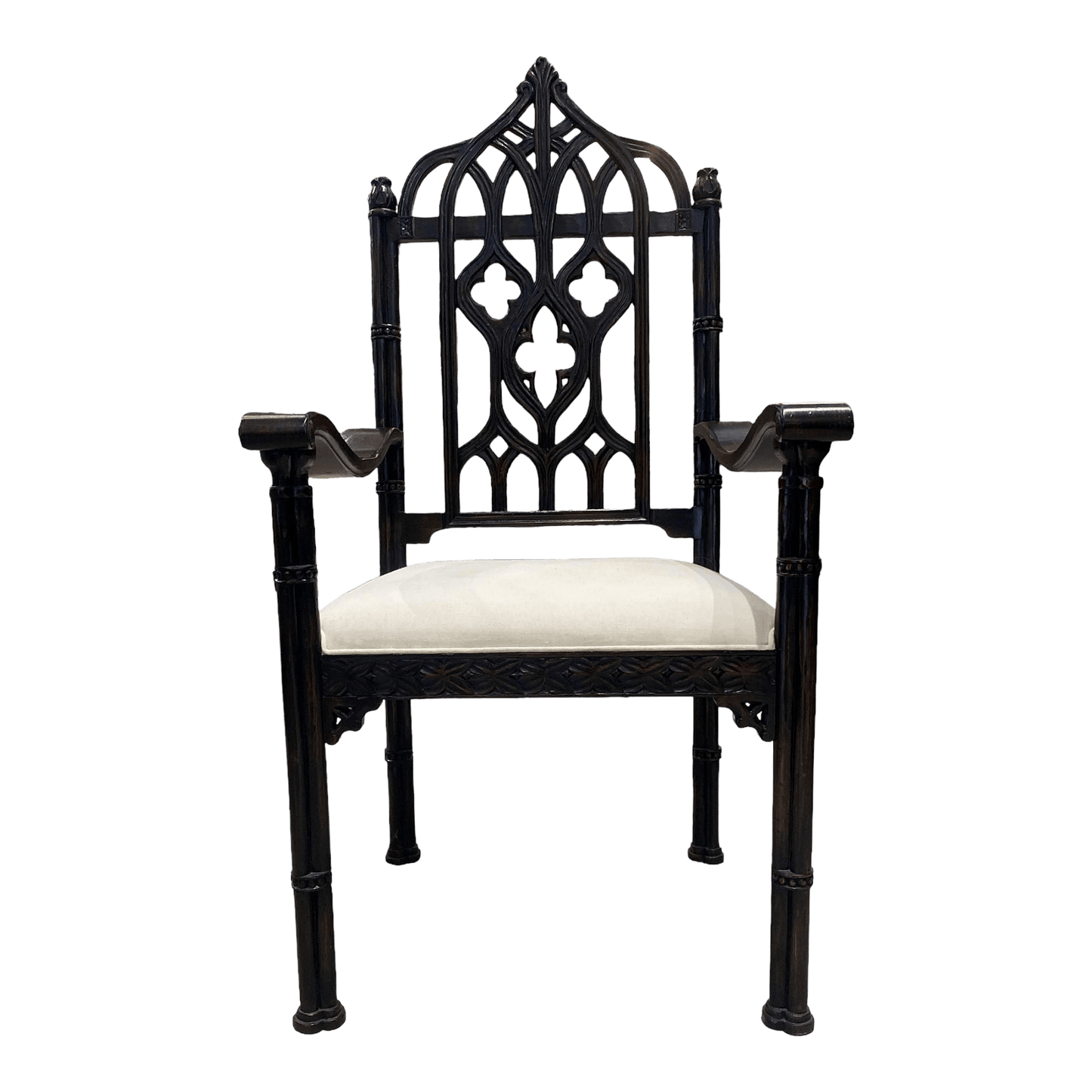 Contemporary Gothic Walnut Hand Carved Arm Chair - The White Barn Antiques