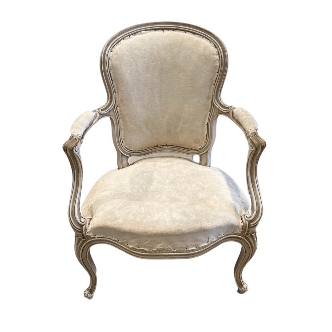 Late 19th Century Distressed Louis XVI Oval Back Arm Chair - The White Barn Antiques