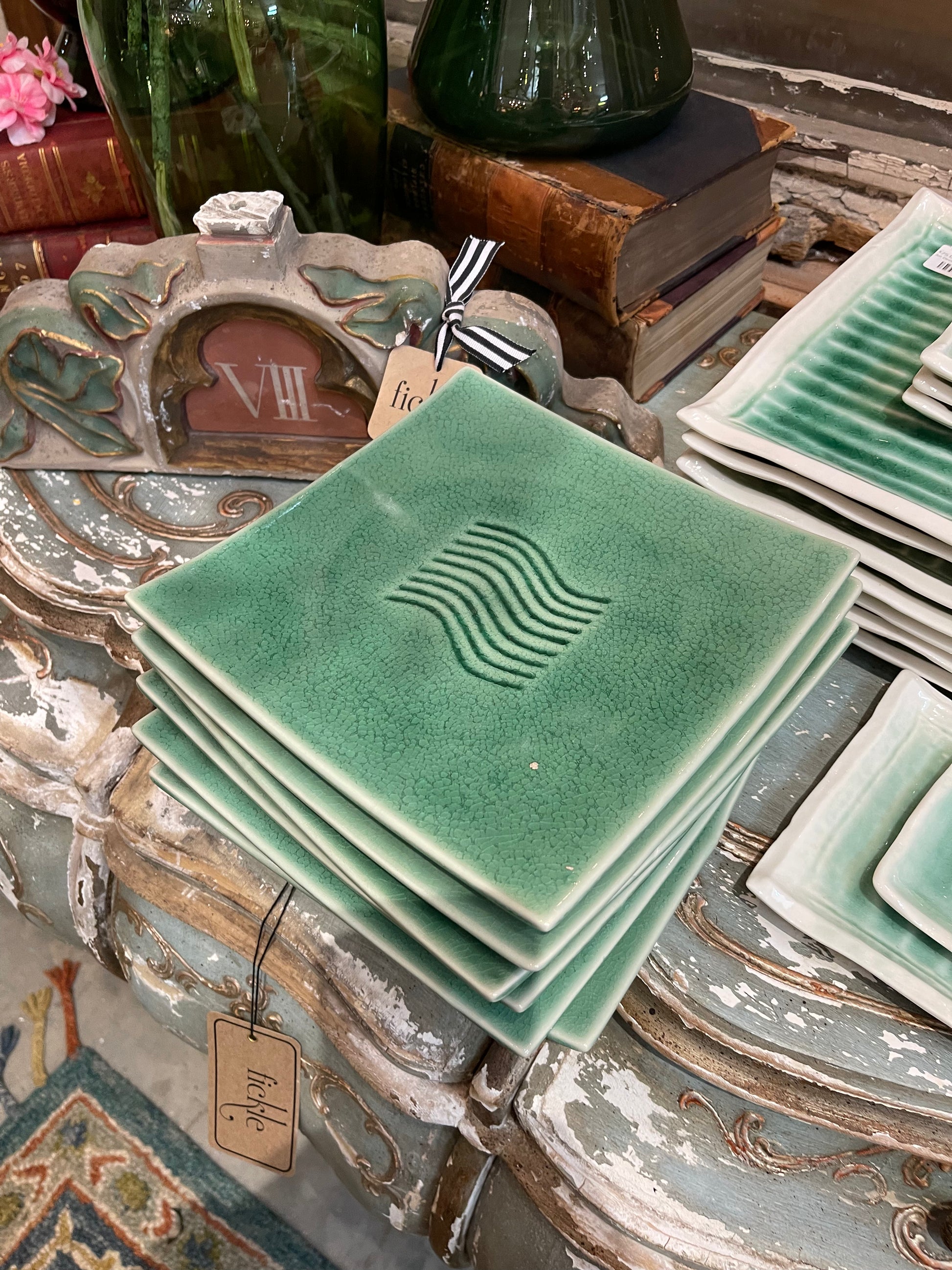 Art Deco Green Majolica Dinner Set - The White Barn Antiques