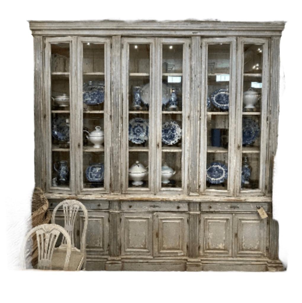 Oversized Glazed China Cabinet with Adjustable Shelves and Glass Doors - The White Barn Antiques