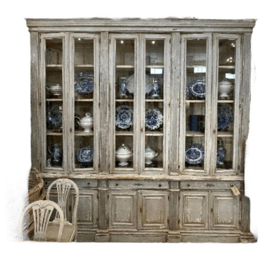 Oversized Glazed China Cabinet with Adjustable Shelves and Glass Doors - The White Barn Antiques