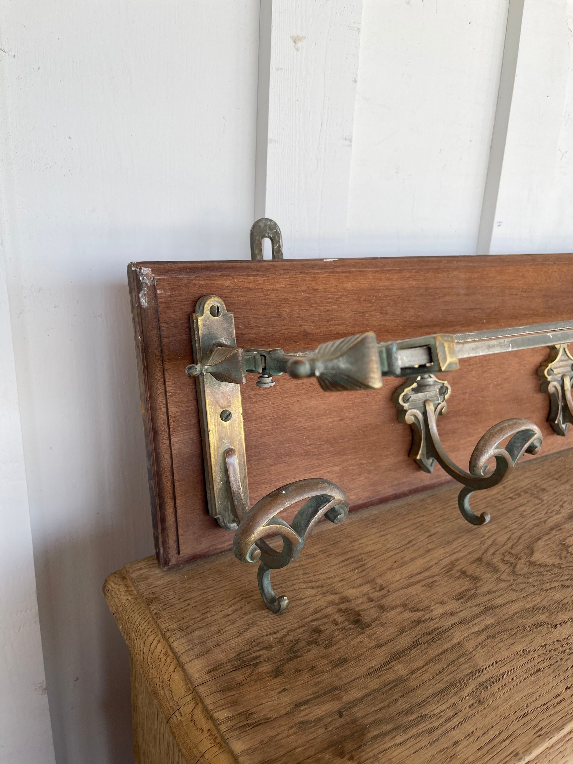 Wood and Brass Coat Rack 1900 - The White Barn Antiques