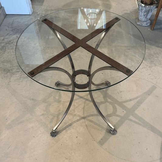 Mid Century Modern Round Glass Table With Hoof Feet - The White Barn Antiques