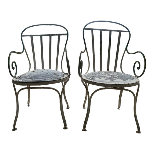 Pair French Bistro Hand Wrought Metal Button Bottom Chairs C. 1880 - The White Barn Antiques