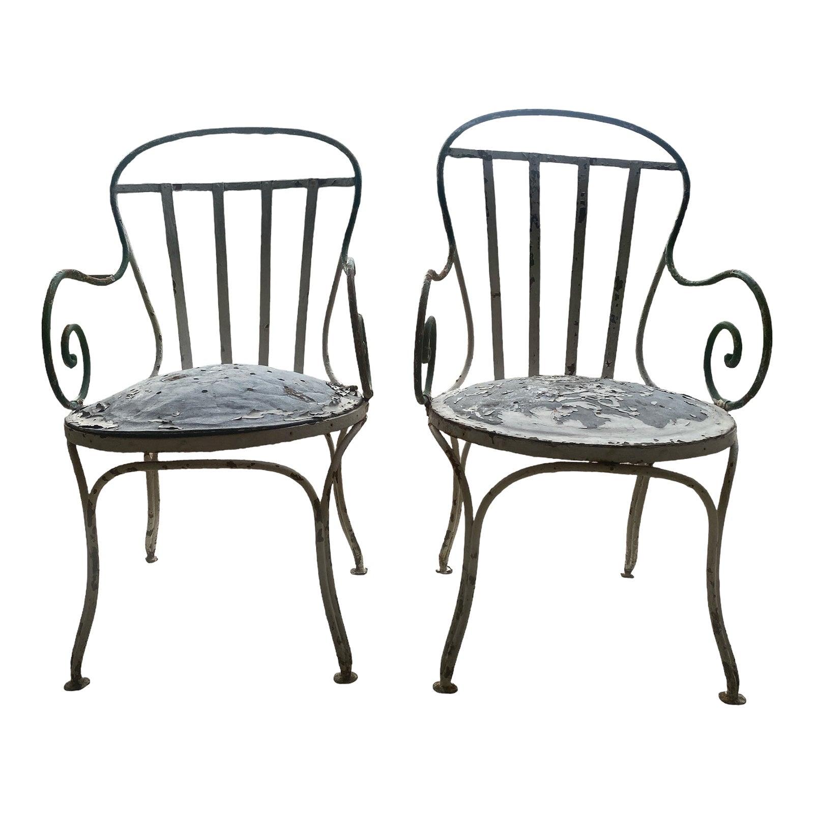 Pair French Bistro Hand Wrought Metal Button Bottom Chairs C. 1880 - The White Barn Antiques