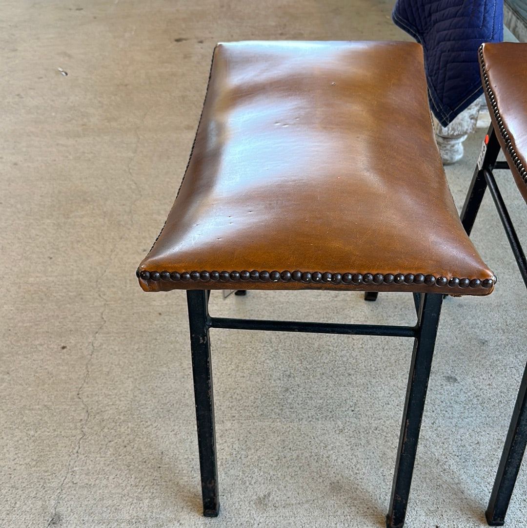 Metal Framed Leather Topped Stool - The White Barn Antiques