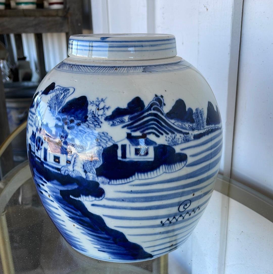 1950s Blue and White Chinese Vase With a Lid - The White Barn Antiques